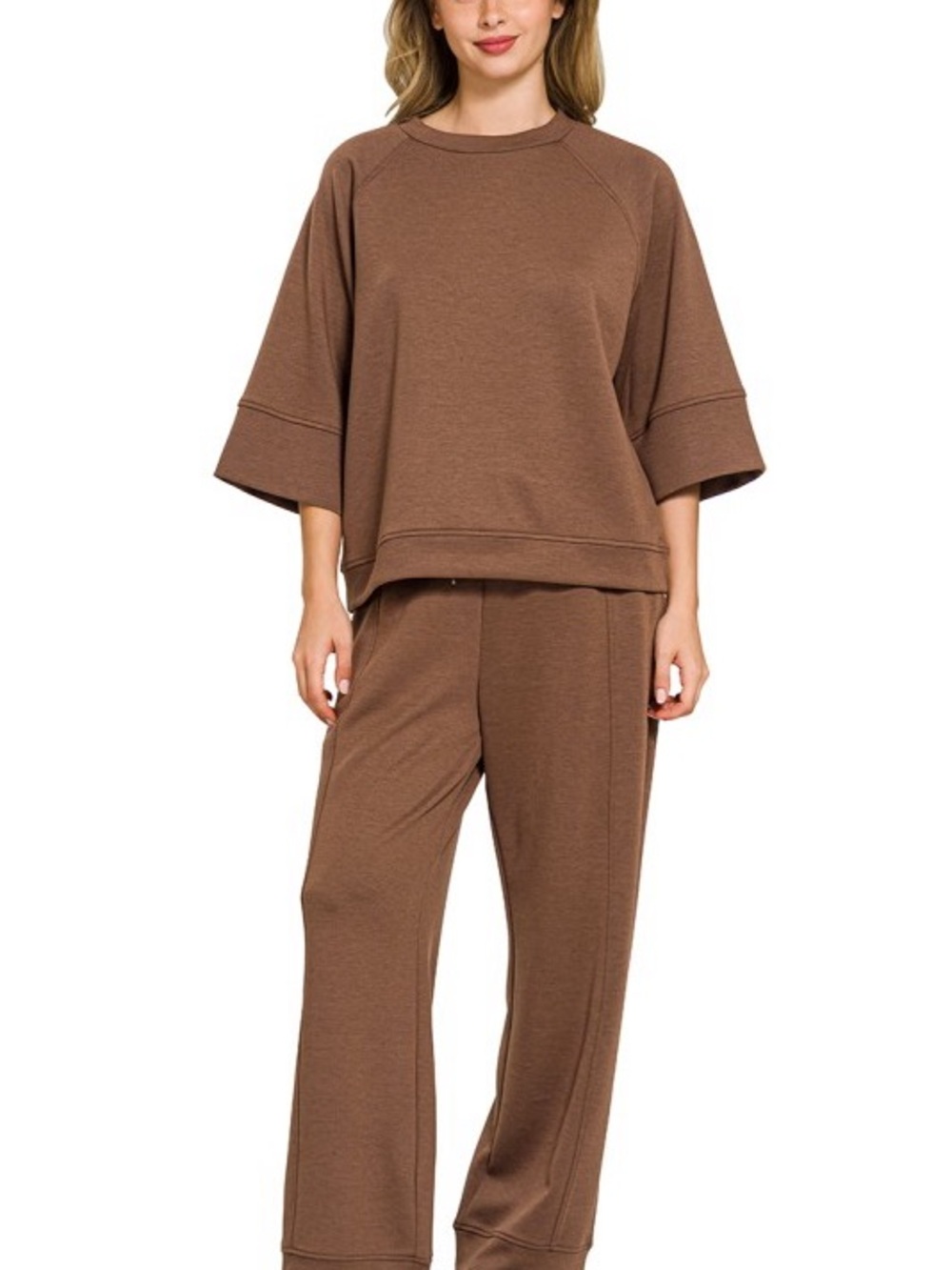 NEW ZENANA BROWN SCUBA 3/4 SLEEVE PULLOVER & PANTS SET S-M-L